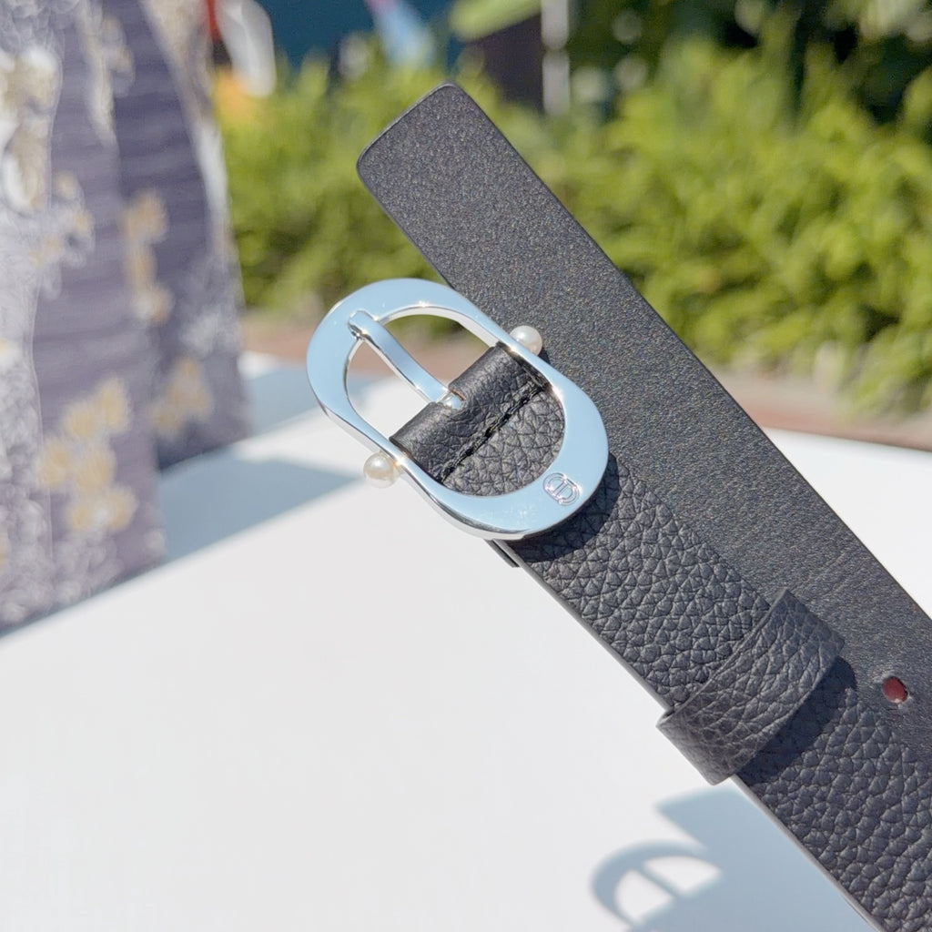 Dior belt dark gray leather with silver buckle and visible strap stitching