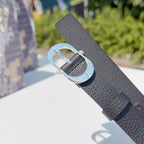 Dior belt dark gray leather with silver buckle and visible strap stitching
