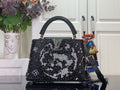 Louis Vuitton handbag, black sequin top-handle with white monogram-style pattern