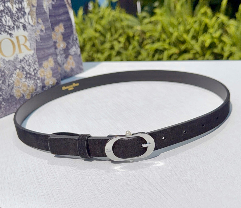 Dior belt with dark strap and silver oval buckle, with punched holes