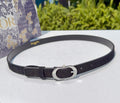Dior belt with dark strap and silver oval buckle, with punched holes