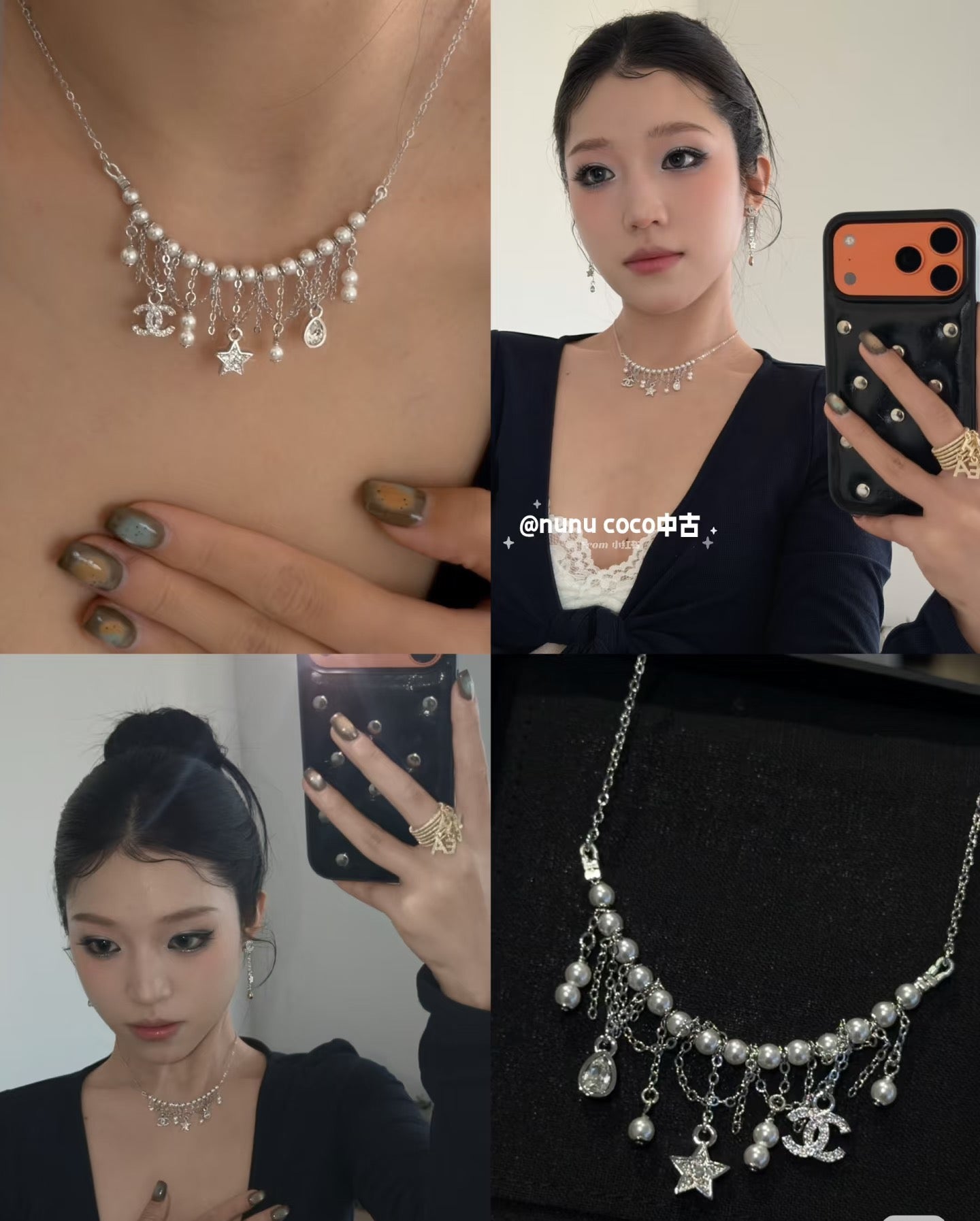 Silver-tone charm necklace with star and pearl drops, close-up on model