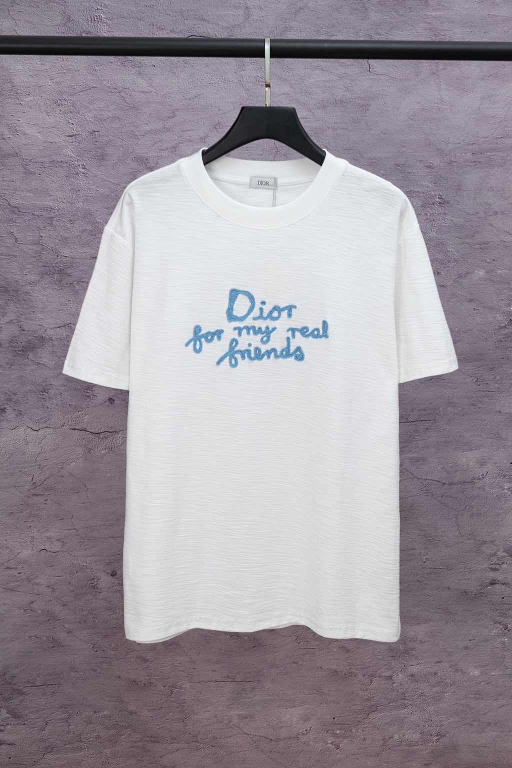White short-sleeve T-shirt with blue 'Dior for my real friends' text