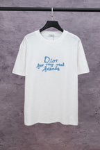 White short-sleeve T-shirt with blue 'Dior for my real friends' text