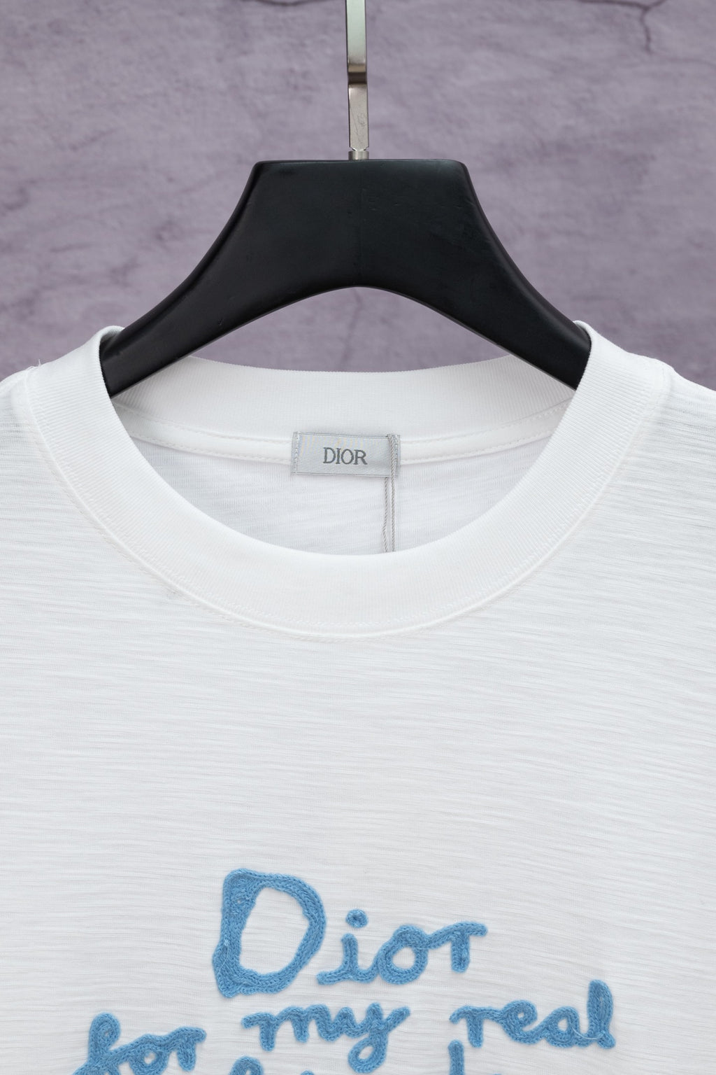 White crewneck T-shirt with Dior neck label and blue 'Dior for my real' text