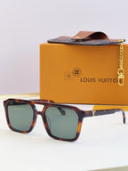 Louis Vuitton square sunglasses with green-tinted lenses and tortoiseshell frame