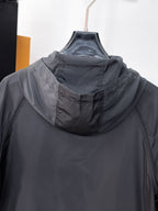 Long hooded zip jacket back hood detail in dark gray with gathered neckline