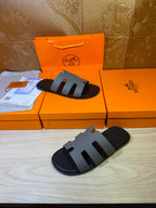 Hermes sandals set, black footbeds with light gray multi-strap bands