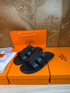 Hermes slide sandals, dark navy, wide X-style straps and cushioned footbed