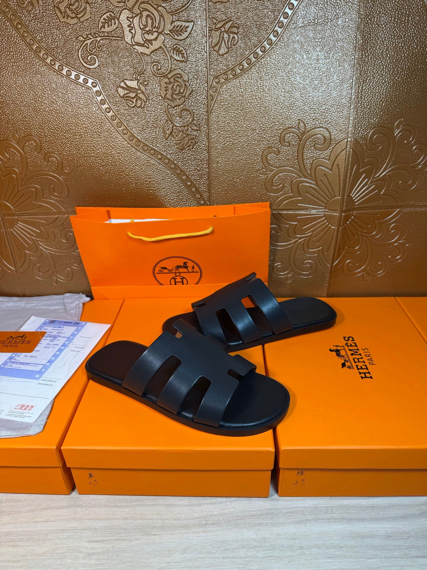 Hermes slide sandals, dark navy, sculpted footbed with wide buckleless straps