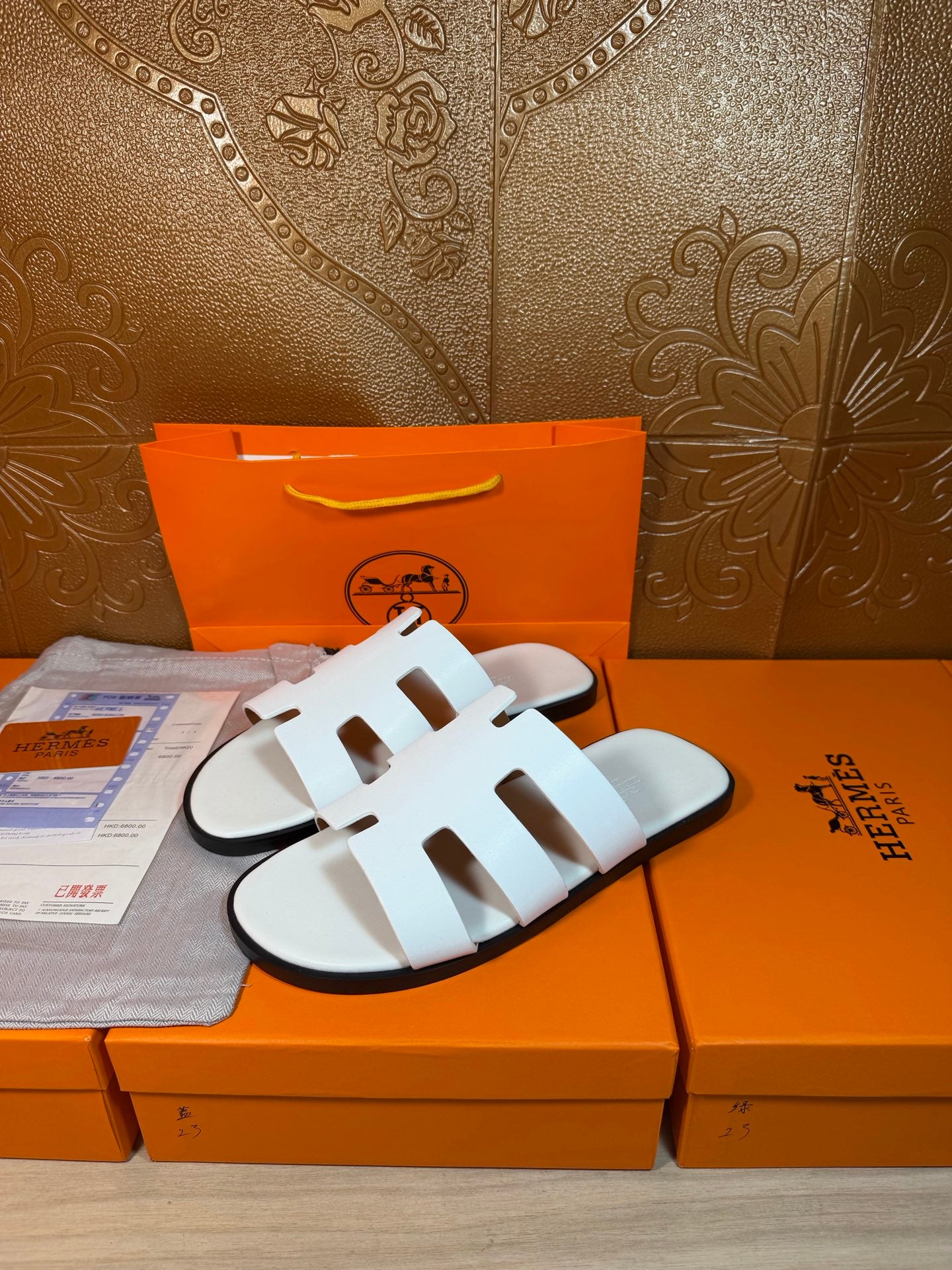 Hermes sandals, white strap slide with cutouts and open toe