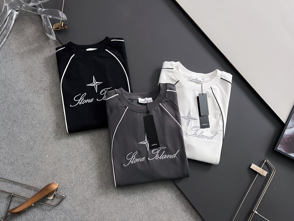 Stone Island black T-shirt with white star and script logo, short sleeves