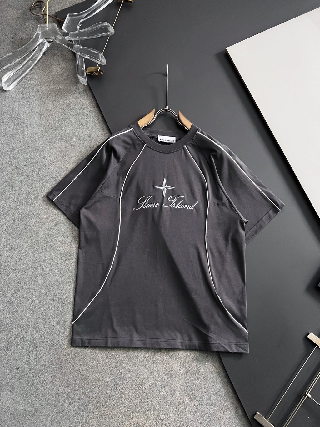 Stone Island dark gray T-shirt with white piping seams and star script logo