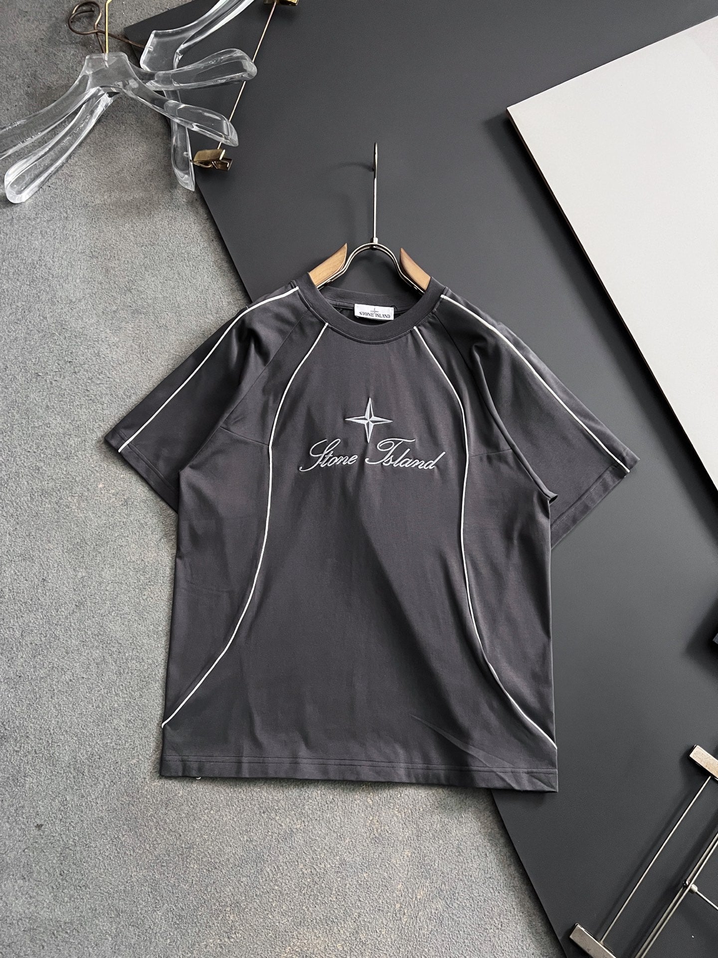 Stone Island dark gray T-shirt with white piping seams and star script logo