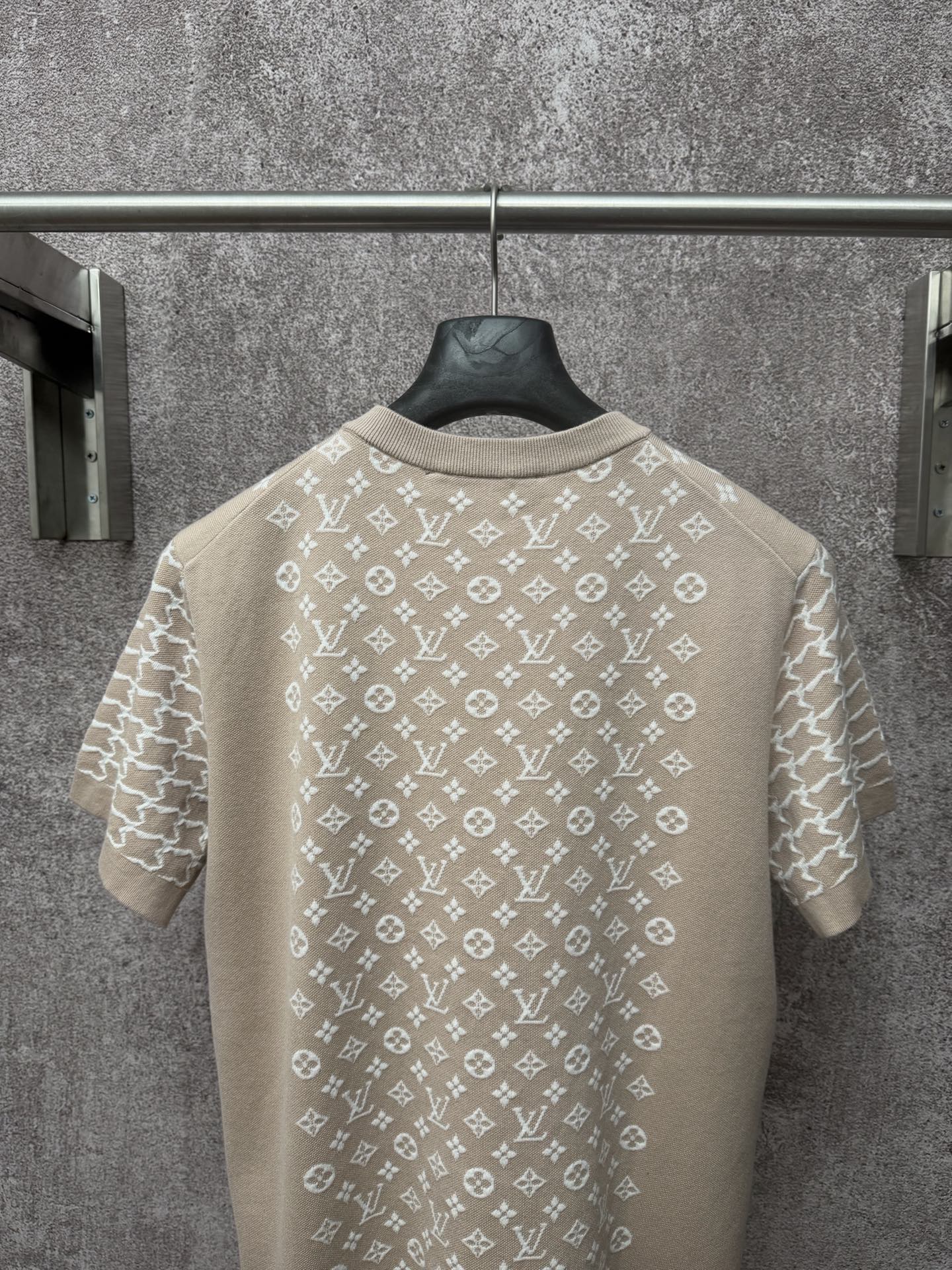 Back view light beige logo-print T-shirt with crew neckline and short sleeves