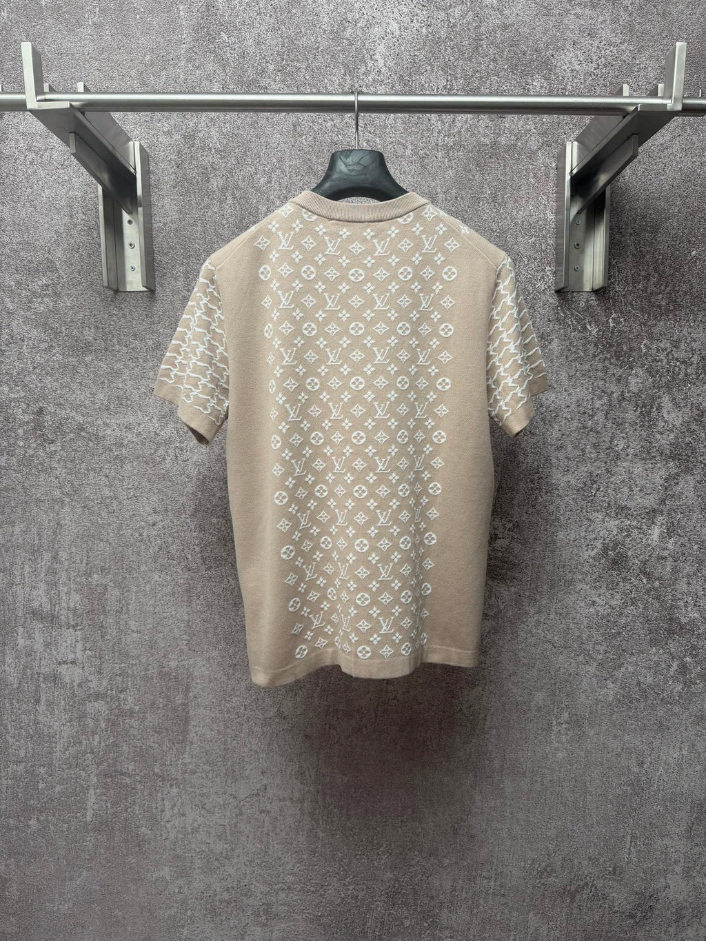 Back view light beige logo-print T-shirt with ribbed crew neck and short sleeves