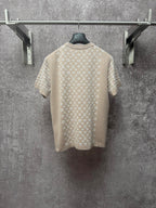 Back view light beige logo-print T-shirt with ribbed crew neck and short sleeves