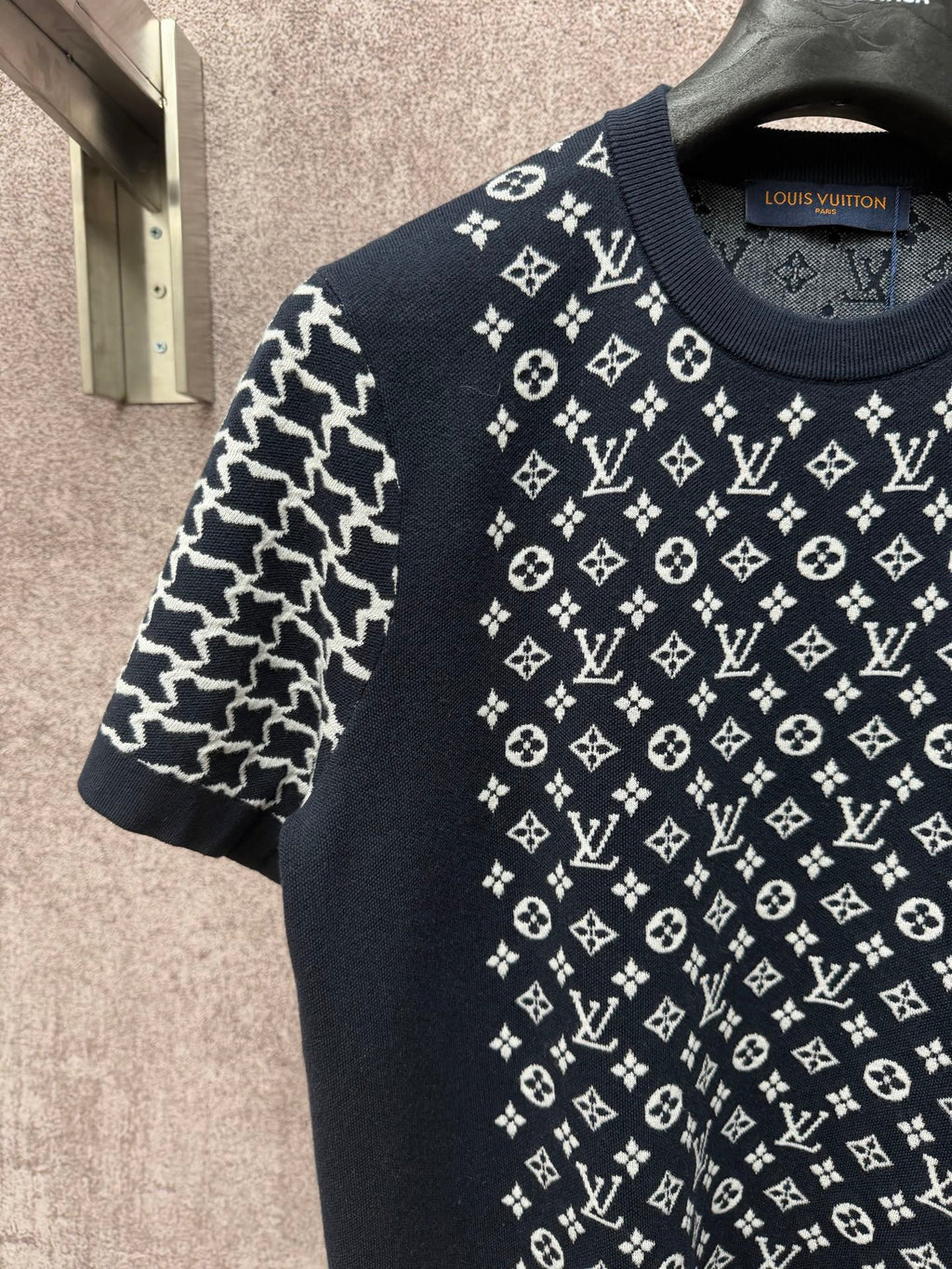 Louis Vuitton logo graphic T-shirt sleeve and chest print, dark navy with white pattern