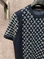 Louis Vuitton logo graphic T-shirt sleeve and chest print, dark navy with white pattern