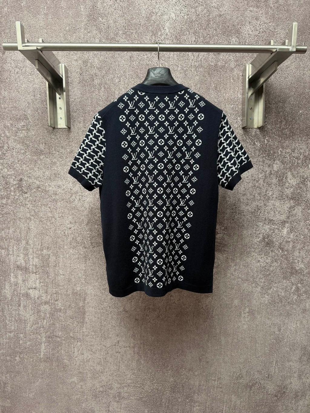 Louis Vuitton graphic T-shirt, dark navy with white all-over logo pattern, back view