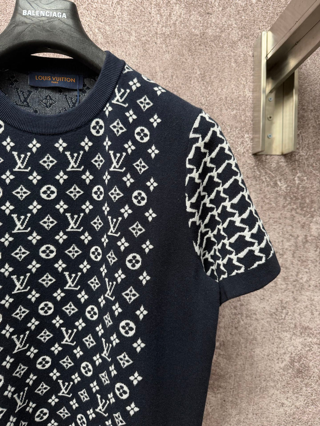 Louis Vuitton logo T-shirt sleeve detail, dark navy with white patterned print