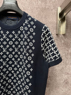 Louis Vuitton logo T-shirt sleeve detail, dark navy with white patterned print