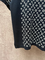 Louis Vuitton logo T-shirt lower body view, dark navy with white all-over print