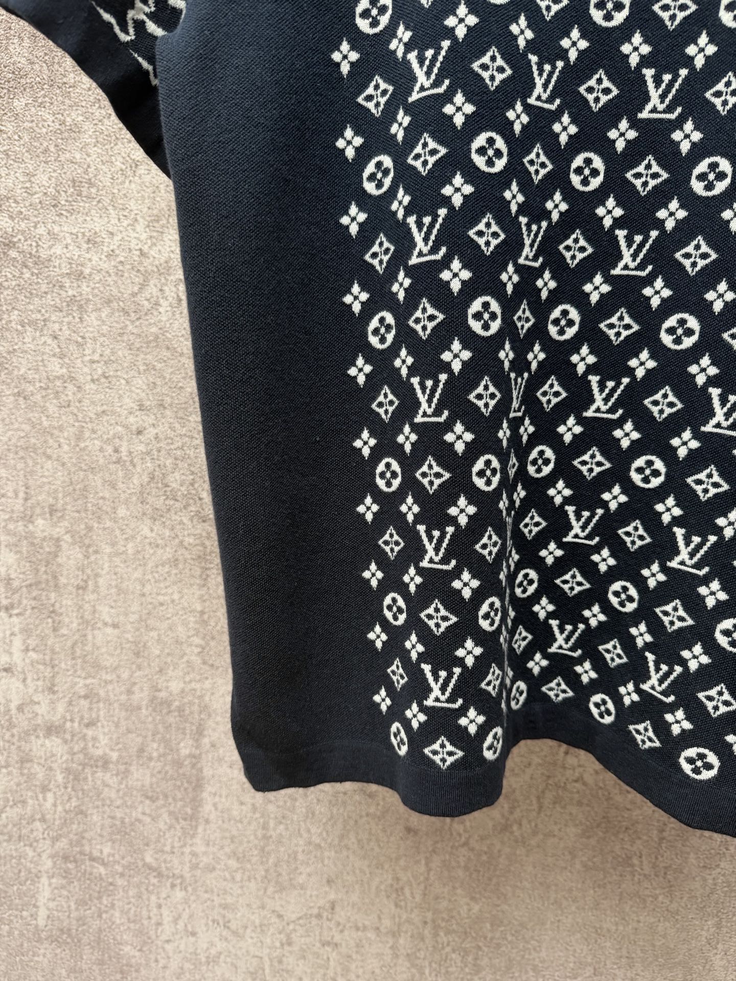 Louis Vuitton logo T-shirt lower body view, dark navy with white all-over print