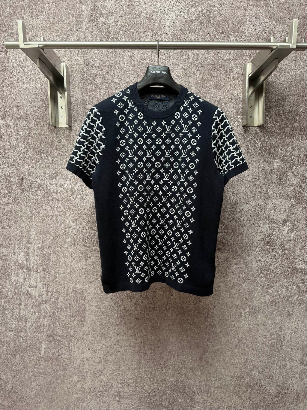 Louis Vuitton graphic T-shirt, dark navy with white logo pattern and knit collar