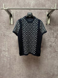 Louis Vuitton graphic T-shirt, dark navy with white logo pattern and knit collar