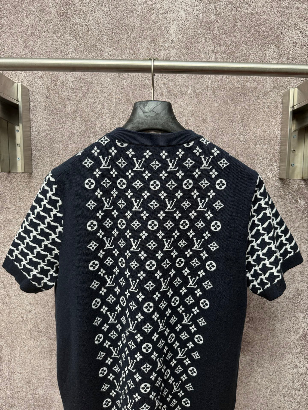 Louis Vuitton logo T-shirt, dark navy with white monogram pattern, back view detail