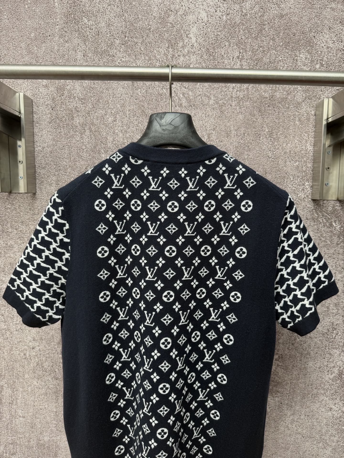 Louis Vuitton logo T-shirt, dark navy with white monogram pattern, back view detail