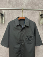Short-sleeve button-up shirt with spread collar and LV logo patch on chest