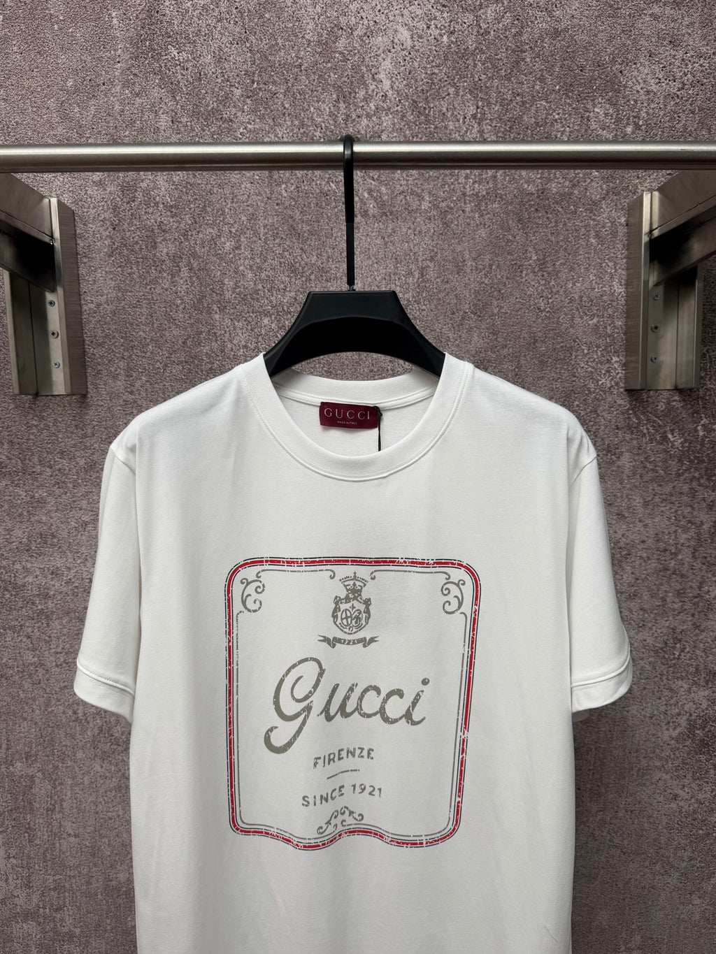 White Gucci T-shirt with front square logo graphic and red outline