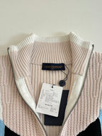 Louis Vuitton knit zip sweater collar and zipper tag on cream ribbed knit with black lining