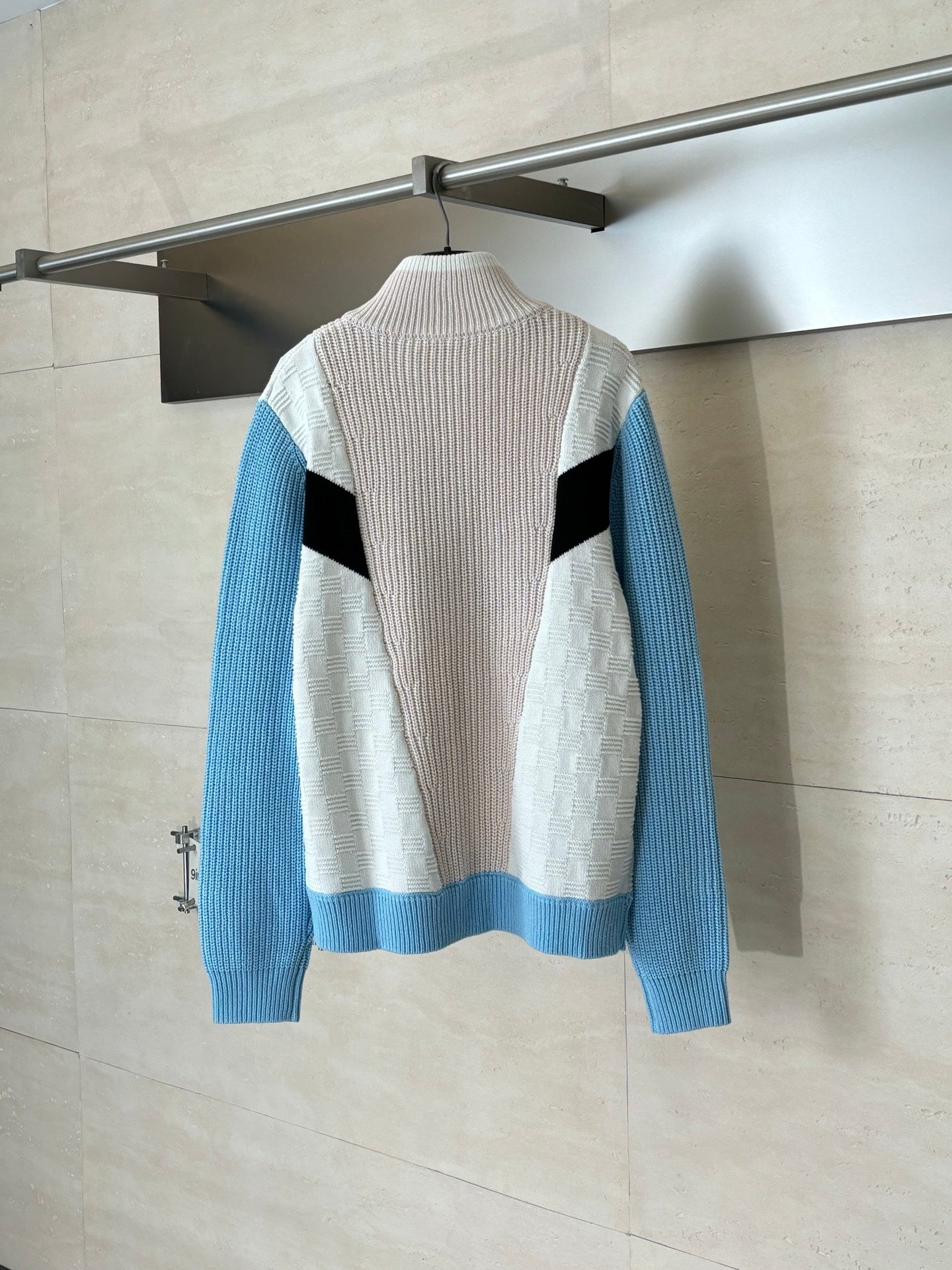 Louis Vuitton knit zip sweater back view in cream with black and light blue panels