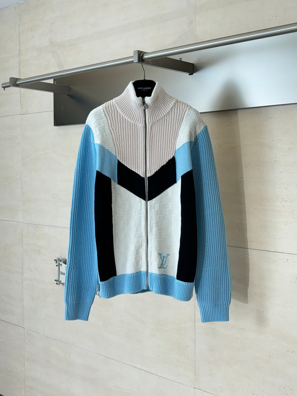 Louis Vuitton knit zip sweater with cream, black, and light blue color-block panels