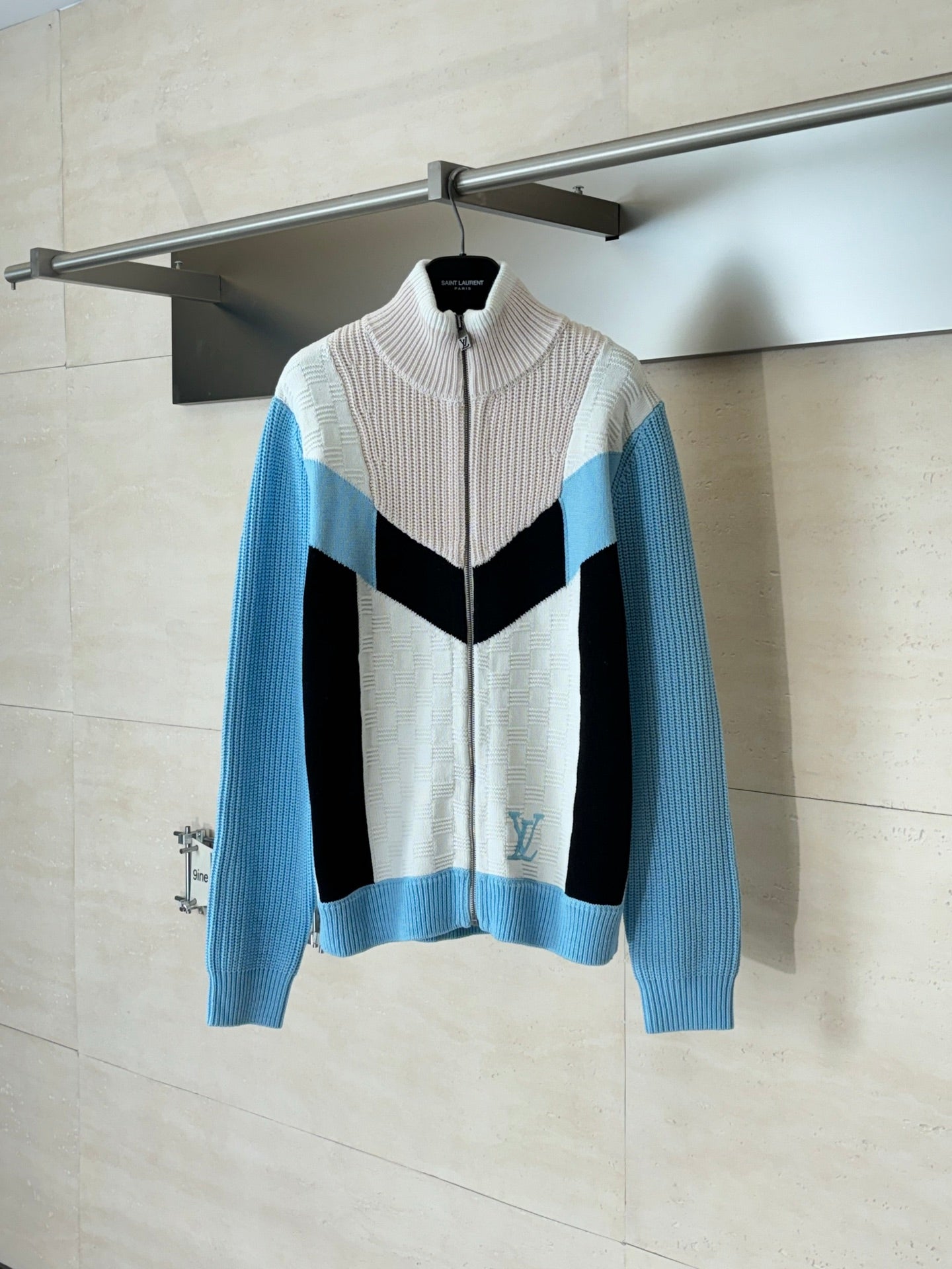 Louis Vuitton knit zip sweater with cream, black, and light blue color-block panels