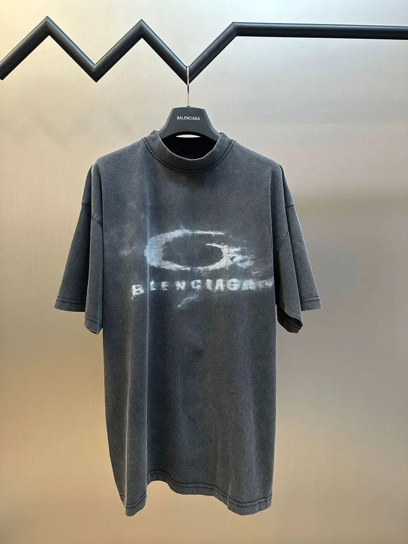 Balenciaga dark gray crew-neck T-shirt with distressed “BALENCIAGA” logo print