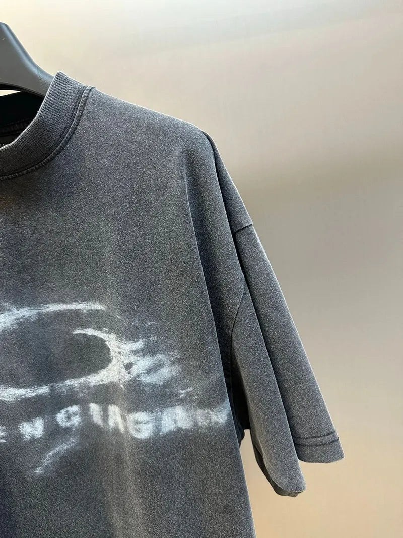 Balenciaga dark gray T-shirt sleeve with partial distressed logo graphic