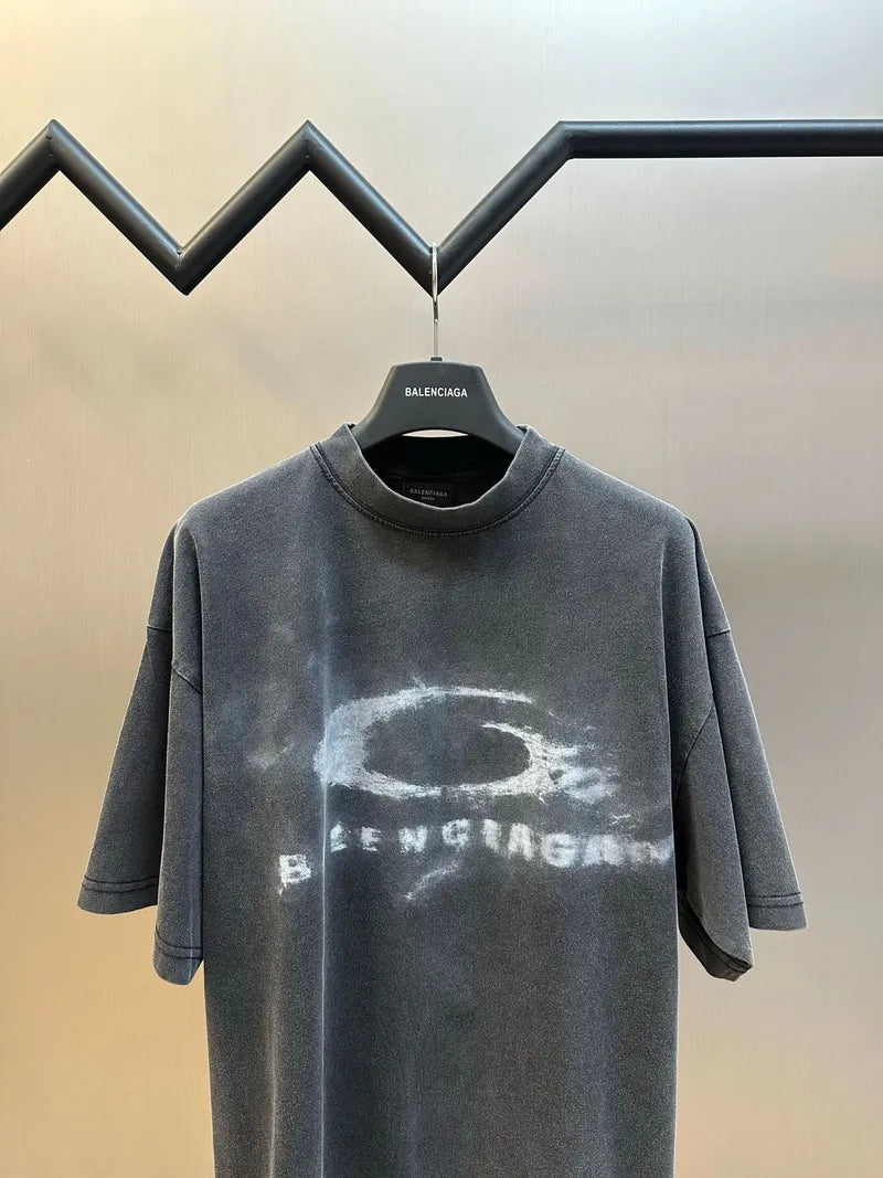 Balenciaga dark gray crew-neck T-shirt with large distressed logo print