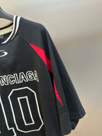 Balenciaga black jersey sleeve with red graphic panel and partial 110 front print