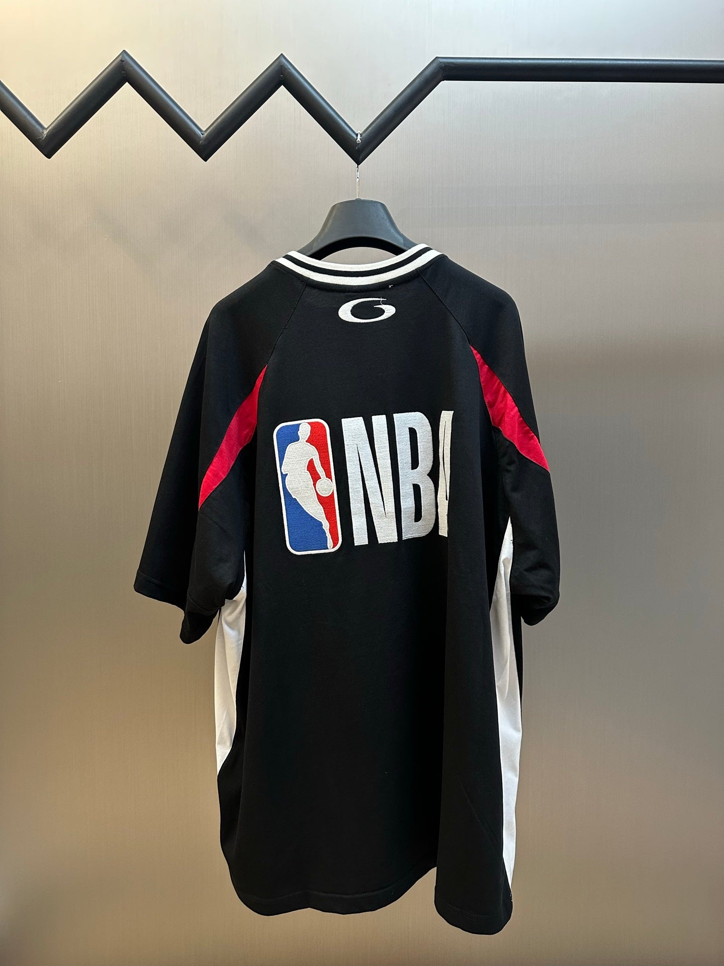 Balenciaga black jersey shirt back with NBA logo graphic and red side stripes