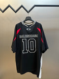 Balenciaga black jersey short sleeve shirt with BALENCIAGA 110 front print and red accents