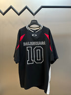 Balenciaga black jersey short sleeve shirt with BALENCIAGA 110 front print and red accents