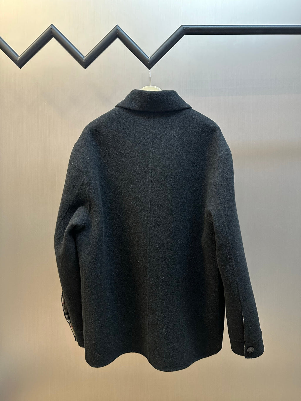 Back view of Burberry long-sleeve coat with stand collar