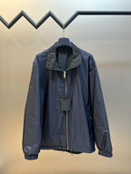 Prada long jacket with hood, front zipper, and elastic cuffs