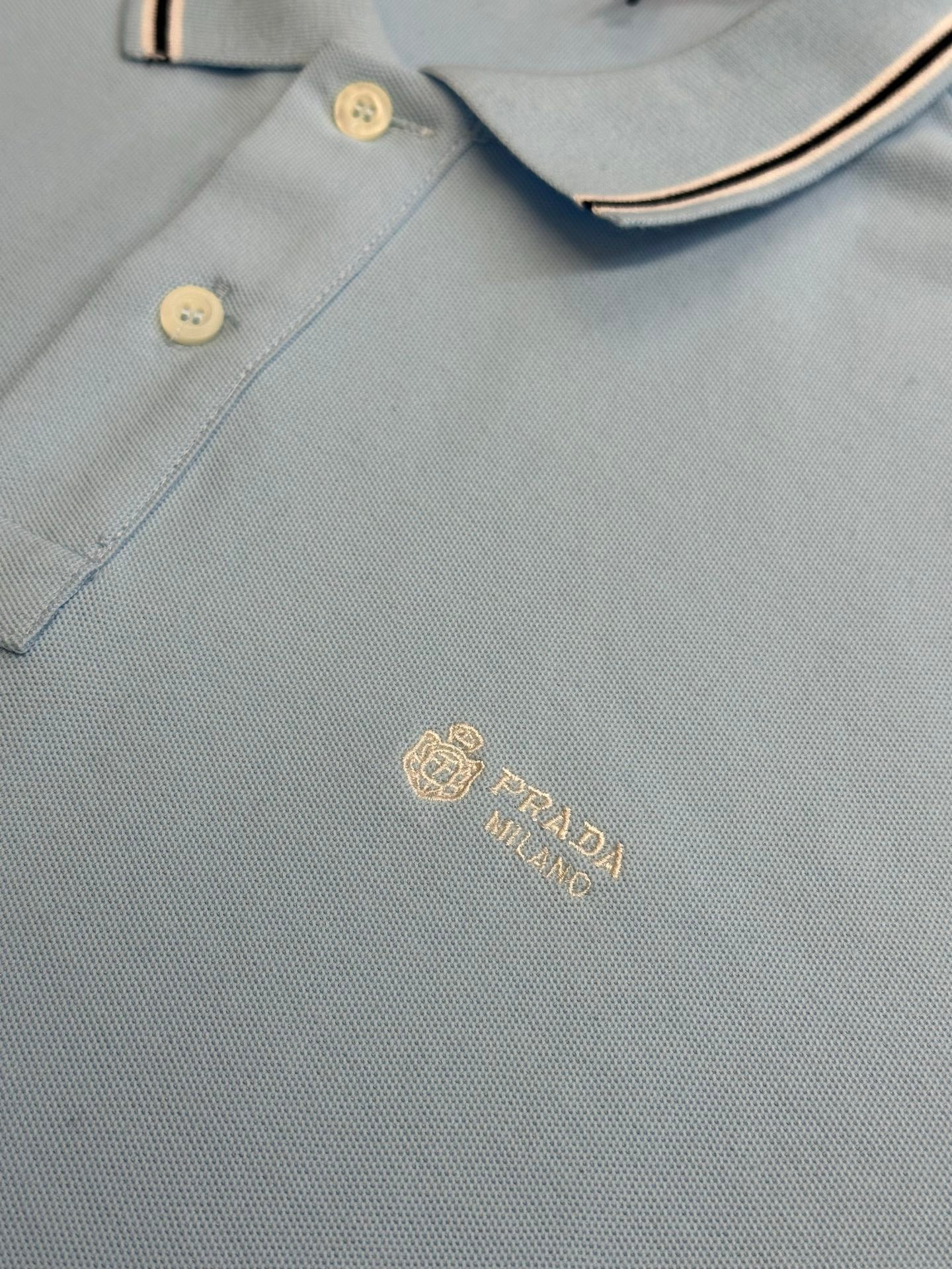 Prada light blue polo shirt chest logo with two-button placket