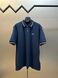 Navy Prada polo shirt with button placket and striped collar trim