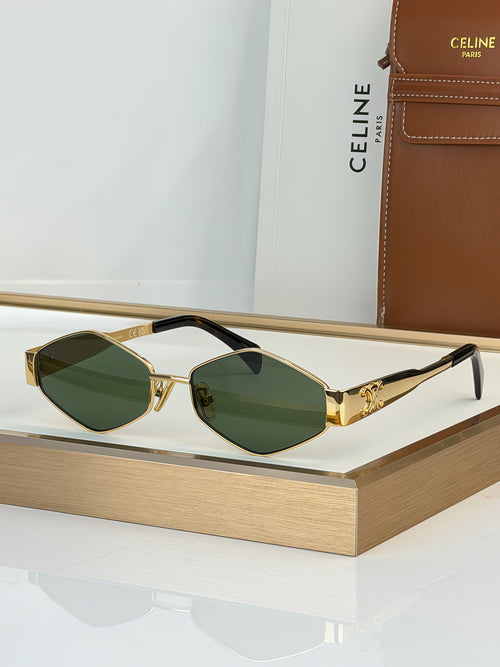 Celine sunglasses with gold-tone frame and green gradient lenses, slim black arms